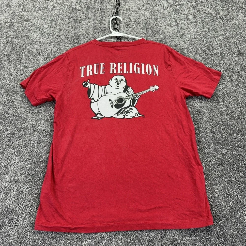 True Religion Shirt Mens Medium Red Buddha Guitar Graphic Tee Tagless Casual